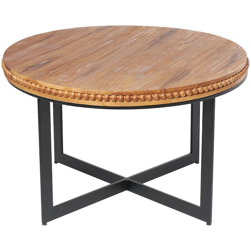 Tavolino da Caffè Rotondo Marrone, Piano in Legno e Base a X in Metallo Nero, Stile Industriale
