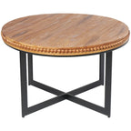 Tavolino da Caffè Rotondo Marrone, Piano in Legno e Base a X in Metallo Nero, Stile Industriale