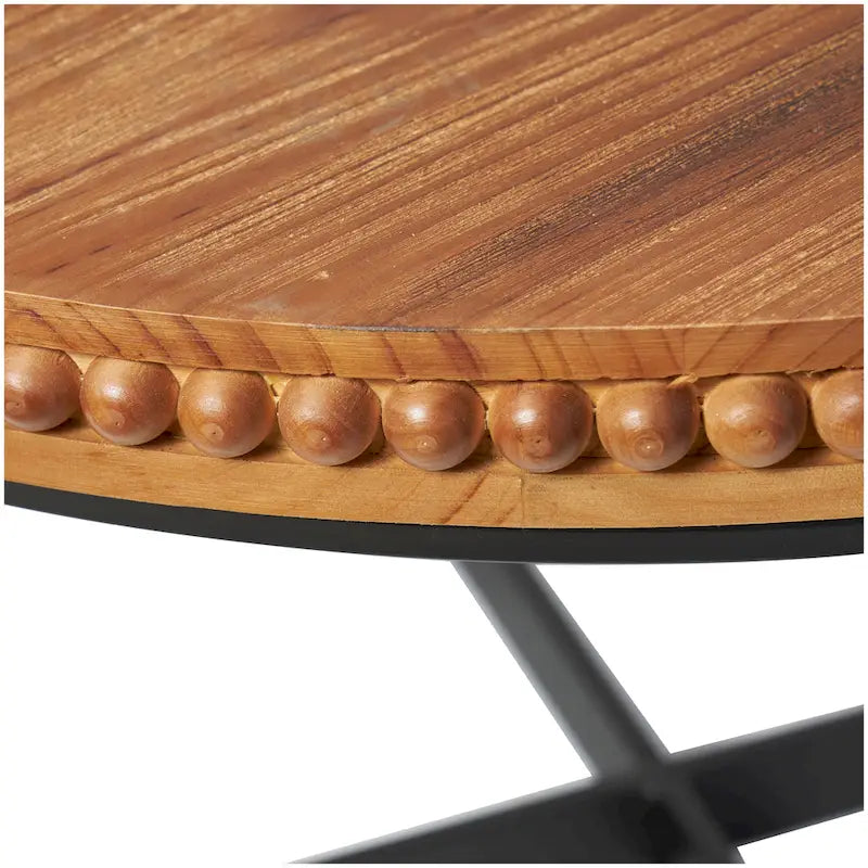 Tavolino da Caffè Rotondo Marrone, Piano in Legno e Base a X in Metallo Nero, Stile Industriale