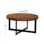 Tavolino da Caffè Rotondo Marrone, Piano in Legno e Base a X in Metallo Nero, Stile Industriale