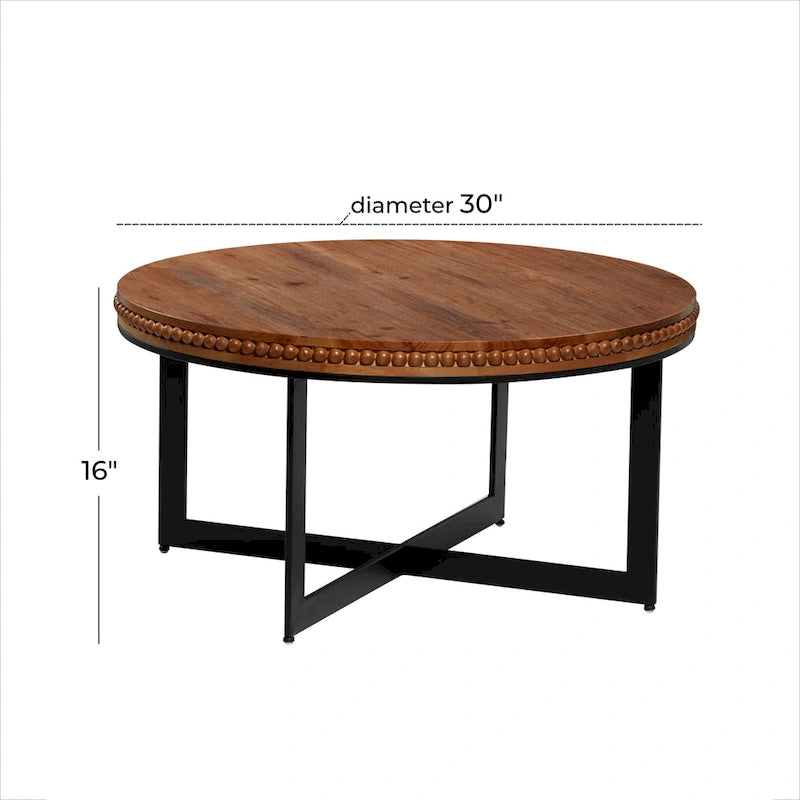 Tavolino da Caffè Rotondo Marrone, Piano in Legno e Base a X in Metallo Nero, Stile Industriale