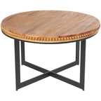 Tavolino da Caffè Rotondo Marrone, Piano in Legno e Base a X in Metallo Nero, Stile Industriale