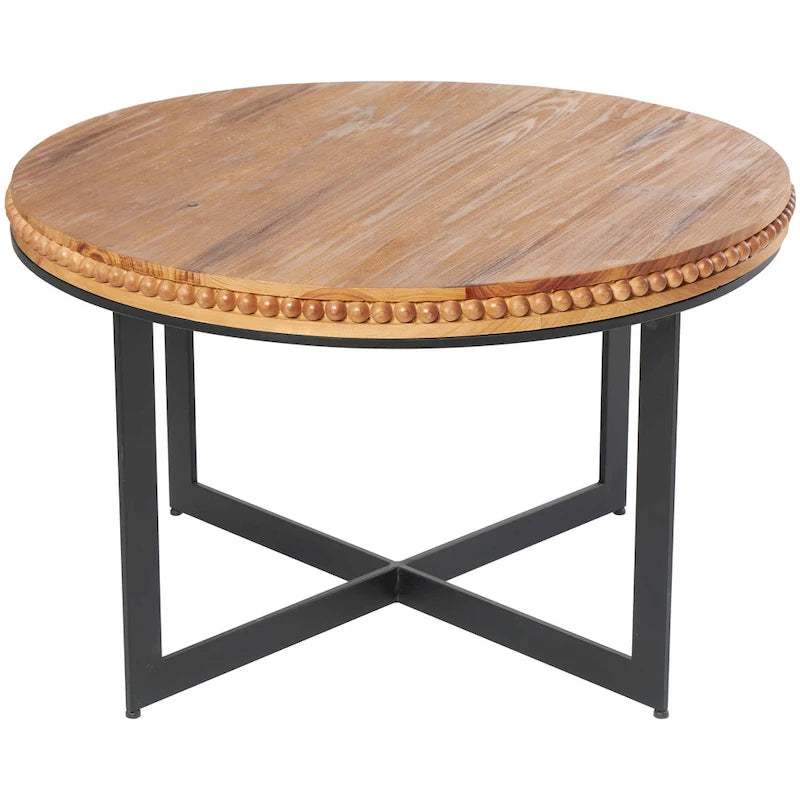 Tavolino da Caffè Rotondo Marrone, Piano in Legno e Base a X in Metallo Nero, Stile Industriale