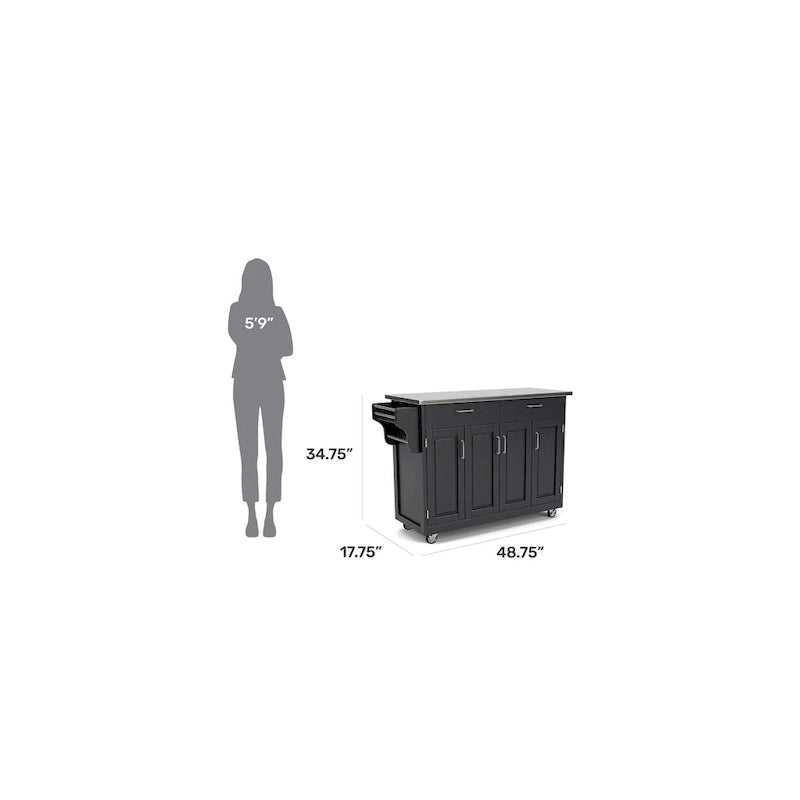 Carrello da cucina mobile nero con top in acciaio inossidabile, singolo