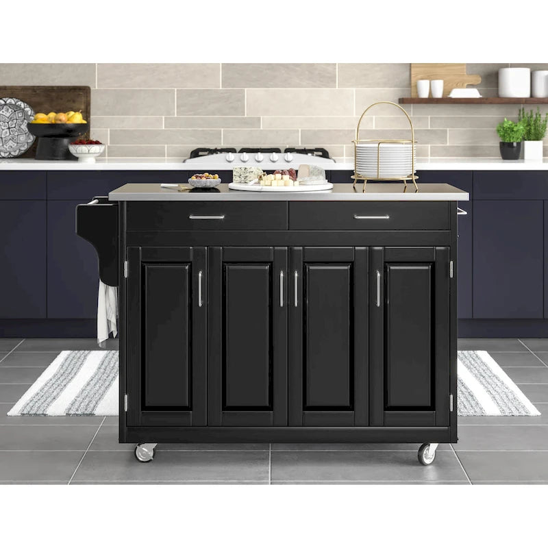 Carrello da cucina mobile nero con top in acciaio inossidabile, singolo