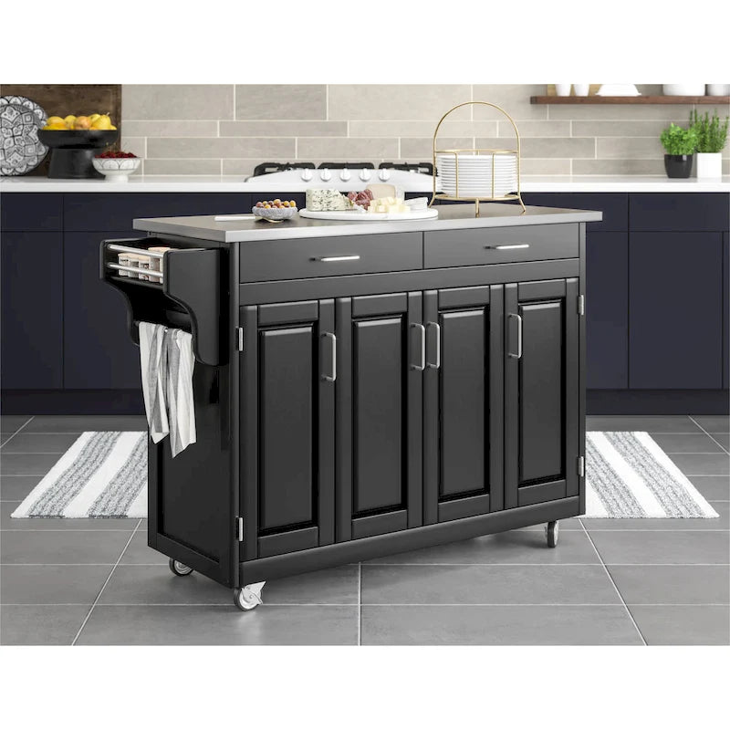 Carrello da cucina mobile nero con top in acciaio inossidabile, singolo