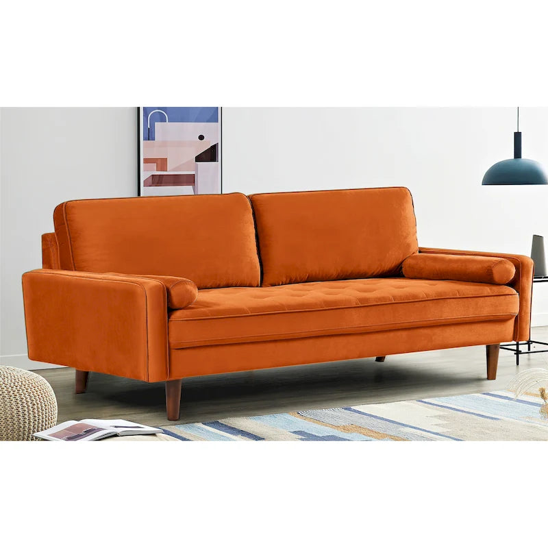 Divanetto/poltrona a due posti in velluto trapuntato verde-azzurro/arancione/verde oliva/nero, stile metà secolo