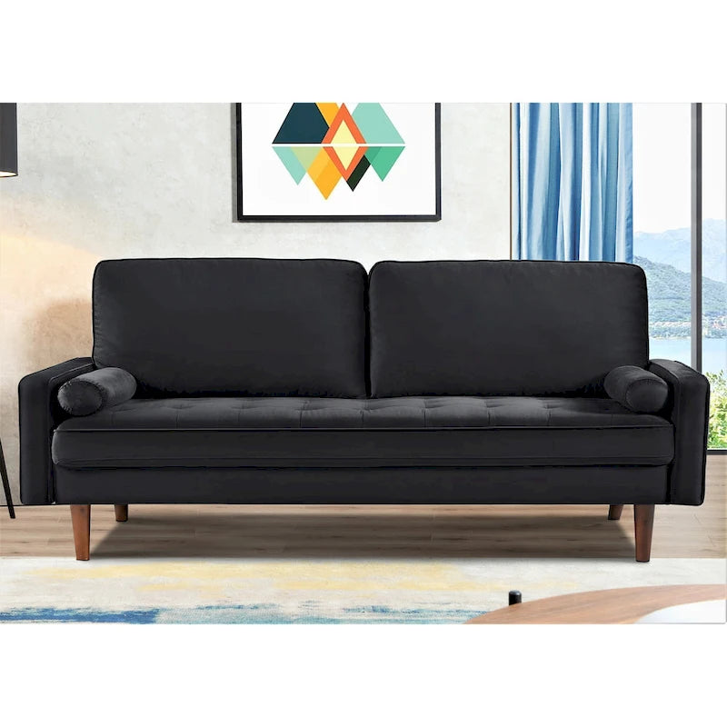 Divanetto/poltrona a due posti in velluto trapuntato verde-azzurro/arancione/verde oliva/nero, stile metà secolo