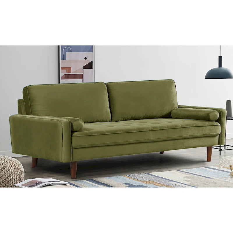 Divanetto/poltrona a due posti in velluto trapuntato verde-azzurro/arancione/verde oliva/nero, stile metà secolo