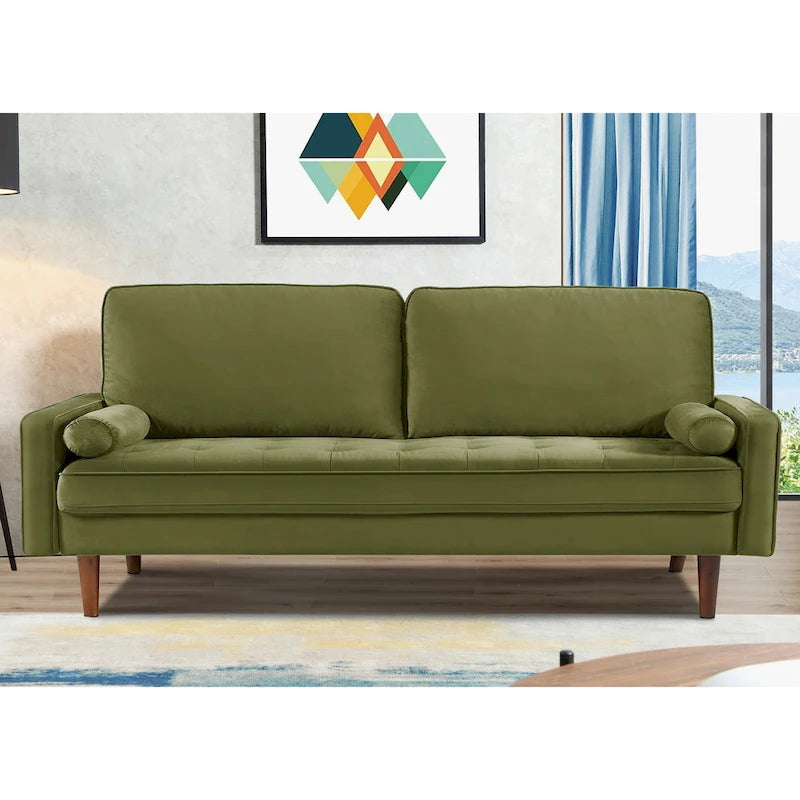Divanetto/poltrona a due posti in velluto trapuntato verde-azzurro/arancione/verde oliva/nero, stile metà secolo