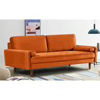 Divanetto/poltrona a due posti in velluto trapuntato verde-azzurro/arancione/verde oliva/nero, stile metà secolo