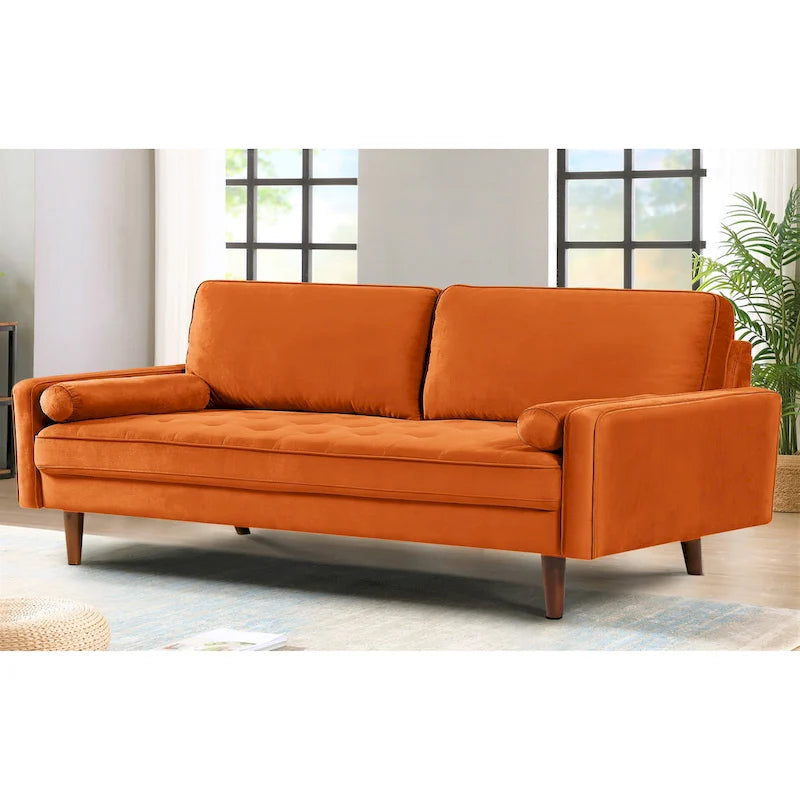Divanetto/poltrona a due posti in velluto trapuntato verde-azzurro/arancione/verde oliva/nero, stile metà secolo