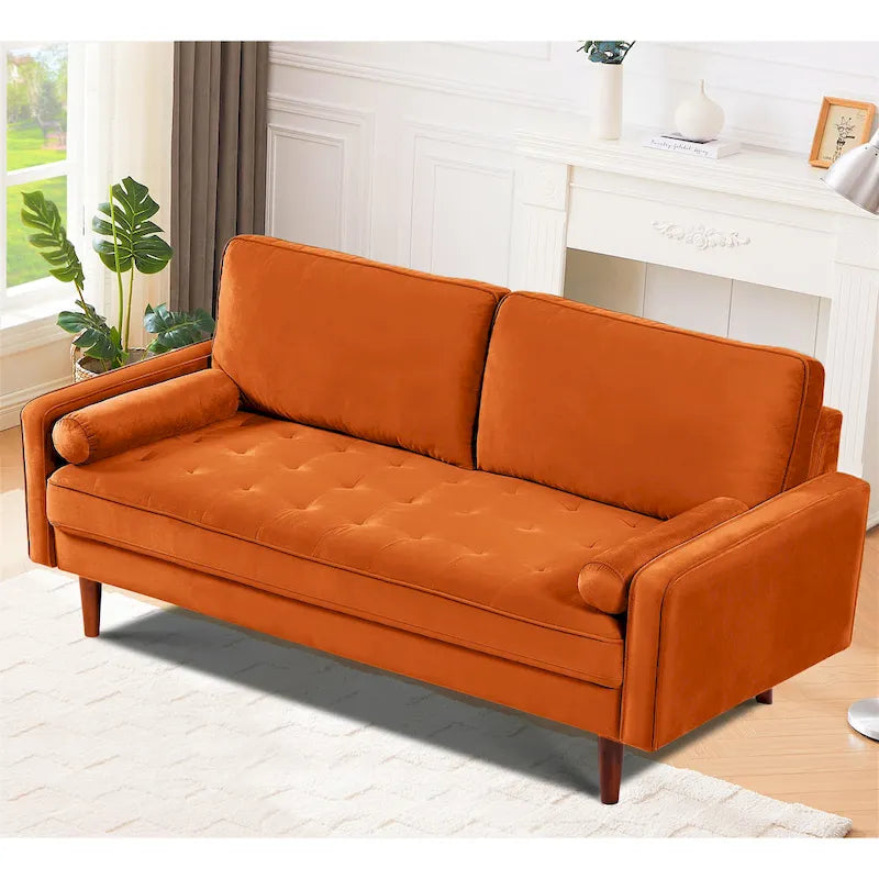 Divanetto/poltrona a due posti in velluto trapuntato verde-azzurro/arancione/verde oliva/nero, stile metà secolo