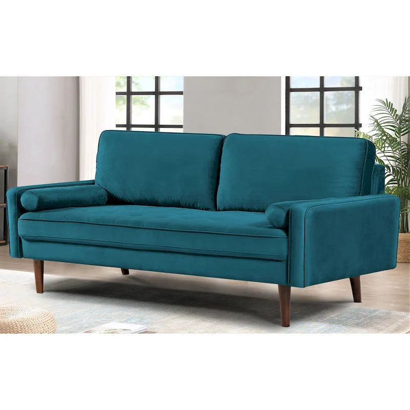 Divanetto/poltrona a due posti in velluto trapuntato verde-azzurro/arancione/verde oliva/nero, stile metà secolo
