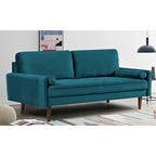 Divanetto/poltrona a due posti in velluto trapuntato verde-azzurro/arancione/verde oliva/nero, stile metà secolo