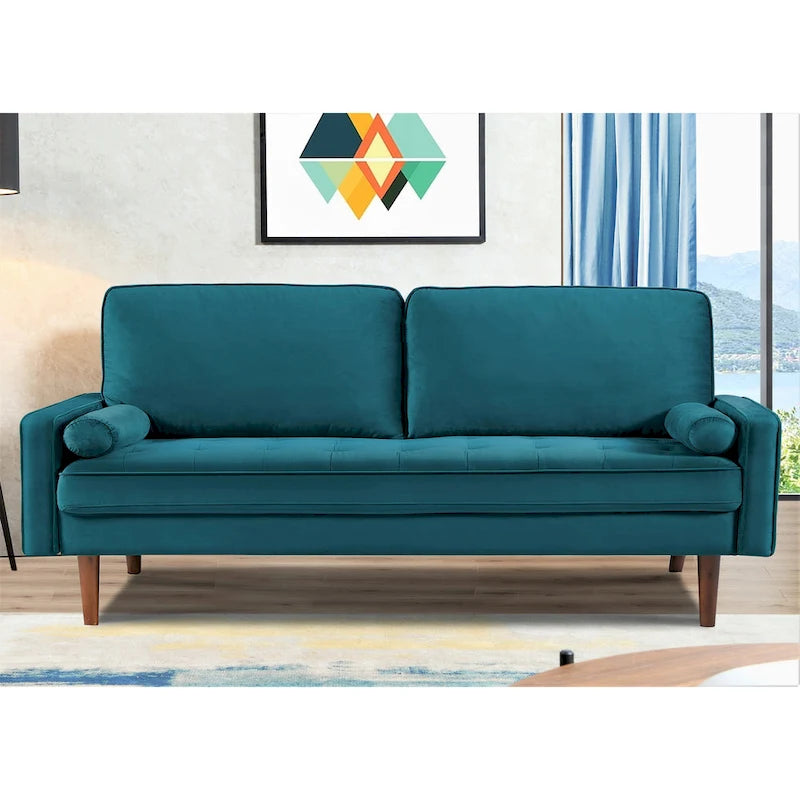 Divanetto/poltrona a due posti in velluto trapuntato verde-azzurro/arancione/verde oliva/nero, stile metà secolo