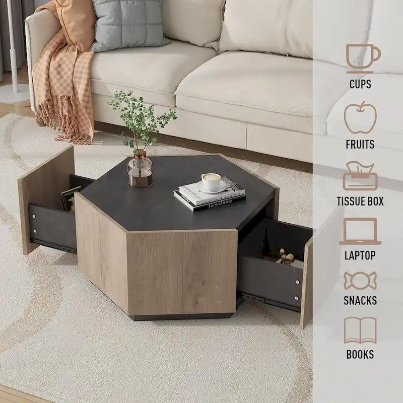 Tavolino esagonale grigio con cassetti, 2 dimensioni