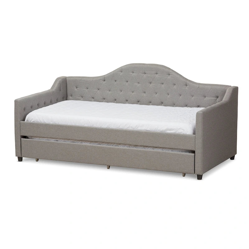 Divano letto grigio/beige in tessuto con letto estraibile, per 2 persone