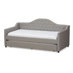 Divano letto grigio/beige in tessuto con letto estraibile, per 2 persone