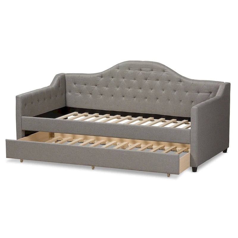 Divano letto grigio/beige in tessuto con letto estraibile, per 2 persone