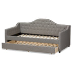 Divano letto grigio/beige in tessuto con letto estraibile, per 2 persone