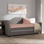 Divano letto grigio/beige in tessuto con letto estraibile, per 2 persone
