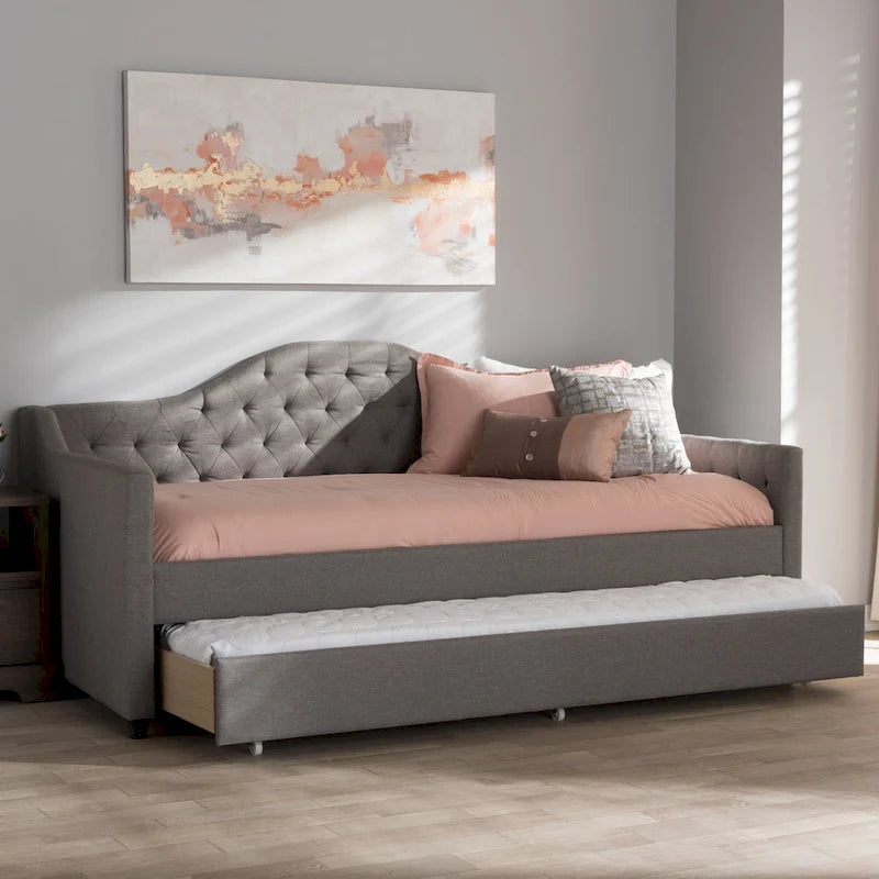 Divano letto grigio/beige in tessuto con letto estraibile, per 2 persone