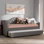 Divano letto grigio/beige in tessuto con letto estraibile, per 2 persone