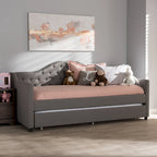 Divano letto grigio/beige in tessuto con letto estraibile, per 2 persone