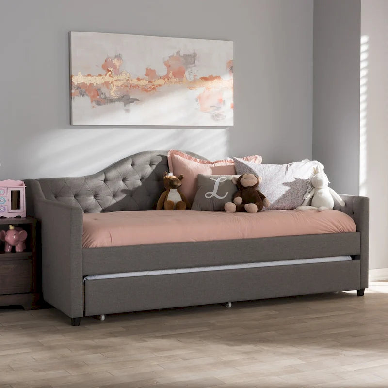 Divano letto grigio/beige in tessuto con letto estraibile, per 2 persone