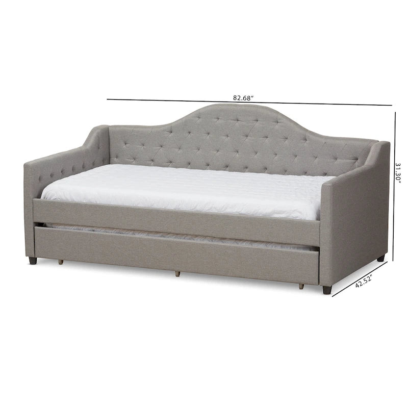 Divano letto grigio/beige in tessuto con letto estraibile, per 2 persone