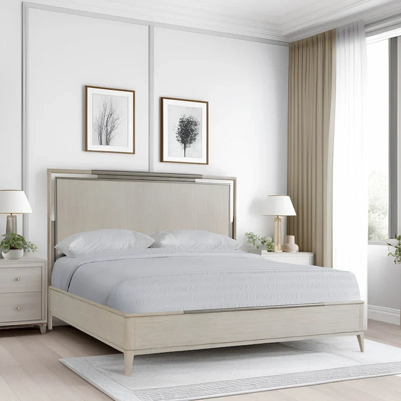 Letto Champagne con pannelli, struttura in legno massello e metallo, King/Queen