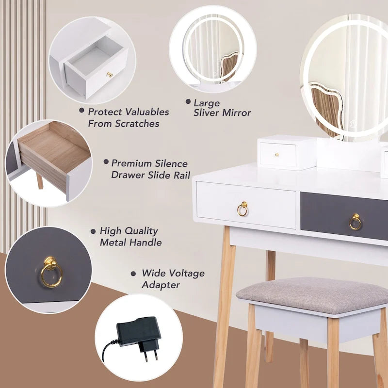 Set Toeletta Moderno Bianco con Specchio LED, 4 Cassetti e Sgabello, 1 Persona