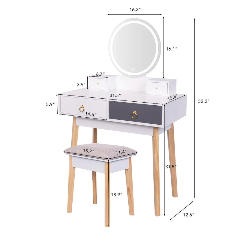 Set Toeletta Moderno Bianco con Specchio LED, 4 Cassetti e Sgabello, 1 Persona