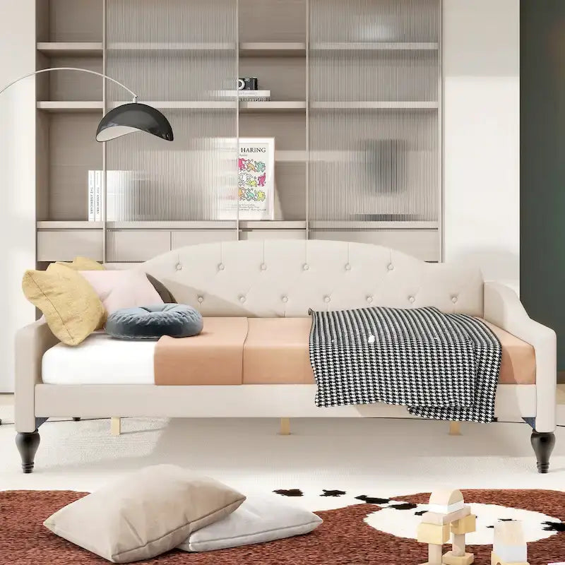 Divano letto singolo a doghe in legno beige, 2 posti