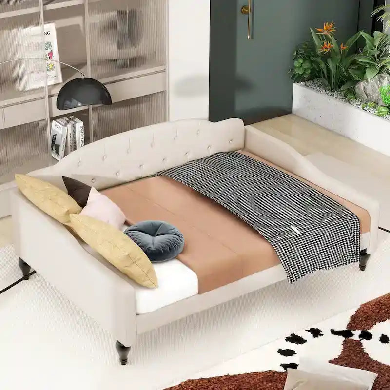 Divano letto singolo a doghe in legno beige, 2 posti