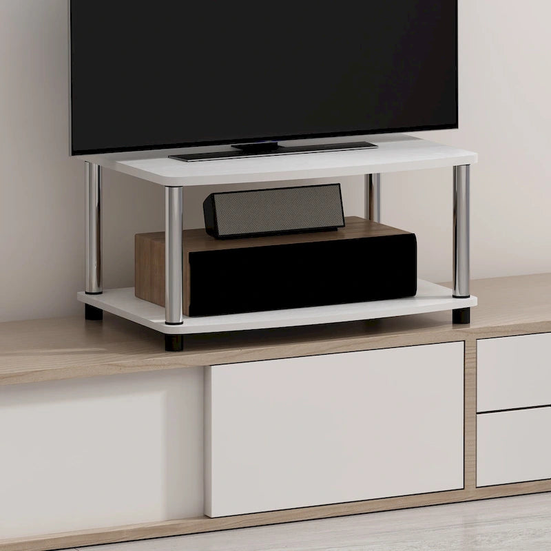 Mobile TV sopraelevato a 2 ripiani, senza attrezzi, Americano / Rovere Bianco / Pino Ambrato / Bianco, montaggio a 1 persona