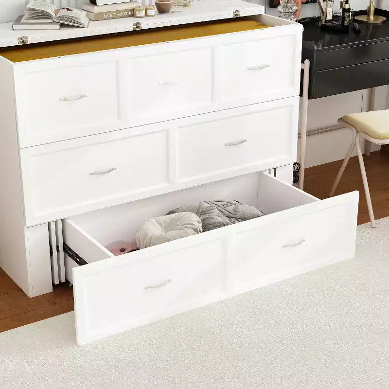 Famapy White Murphy Bed with Drawer  Pull-Out Bed Frame + Built-In Charging Station