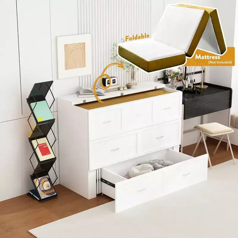 Famapy White Murphy Bed with Drawer  Pull-Out Bed Frame + Built-In Charging Station