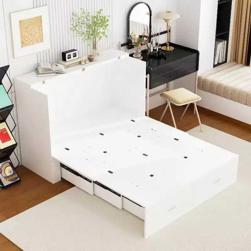 Famapy White Murphy Bed with Drawer  Pull-Out Bed Frame + Built-In Charging Station