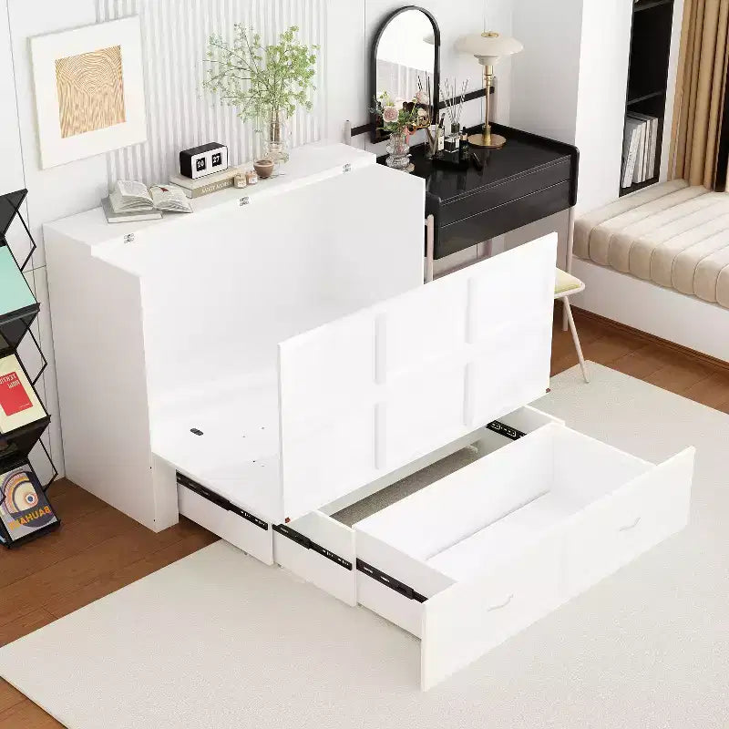 Famapy White Murphy Bed with Drawer  Pull-Out Bed Frame + Built-In Charging Station