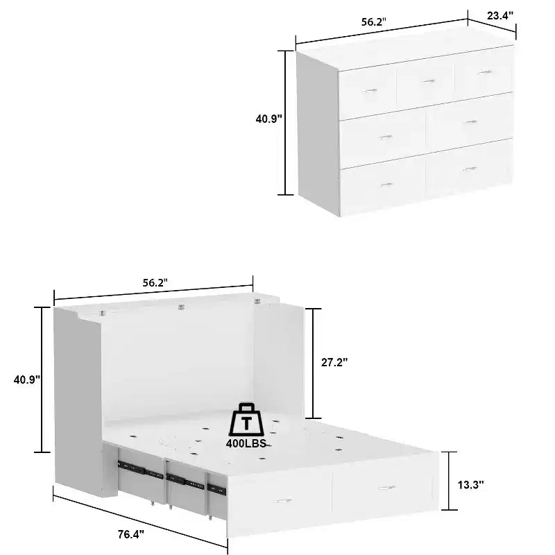 Famapy White Murphy Bed with Drawer  Pull-Out Bed Frame + Built-In Charging Station