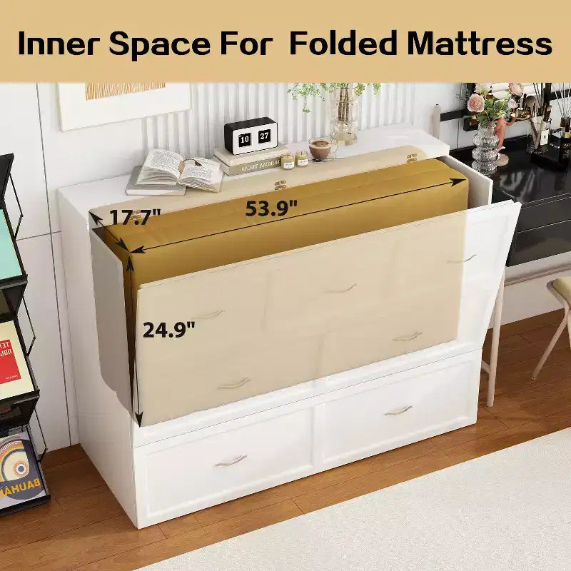Famapy White Murphy Bed with Drawer  Pull-Out Bed Frame + Built-In Charging Station