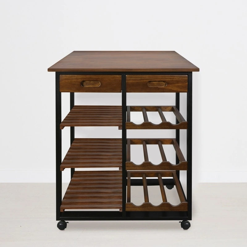 Carrello da Cucina/Servizio a 4 Ripiani in Legno Naturale con Portabottiglie e Cassetto – Montaggio 1 Persona