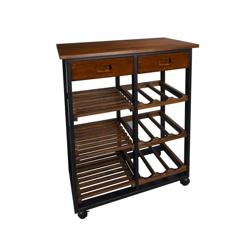Carrello da Cucina/Servizio a 4 Ripiani in Legno Naturale con Portabottiglie e Cassetto – Montaggio 1 Persona