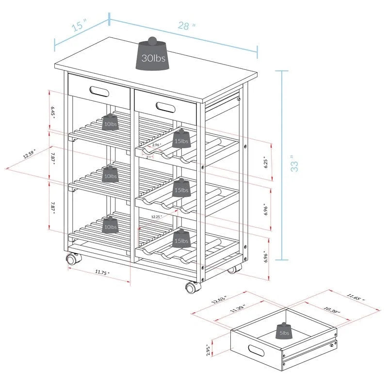 Carrello da Cucina/Servizio a 4 Ripiani in Legno Naturale con Portabottiglie e Cassetto – Montaggio 1 Persona