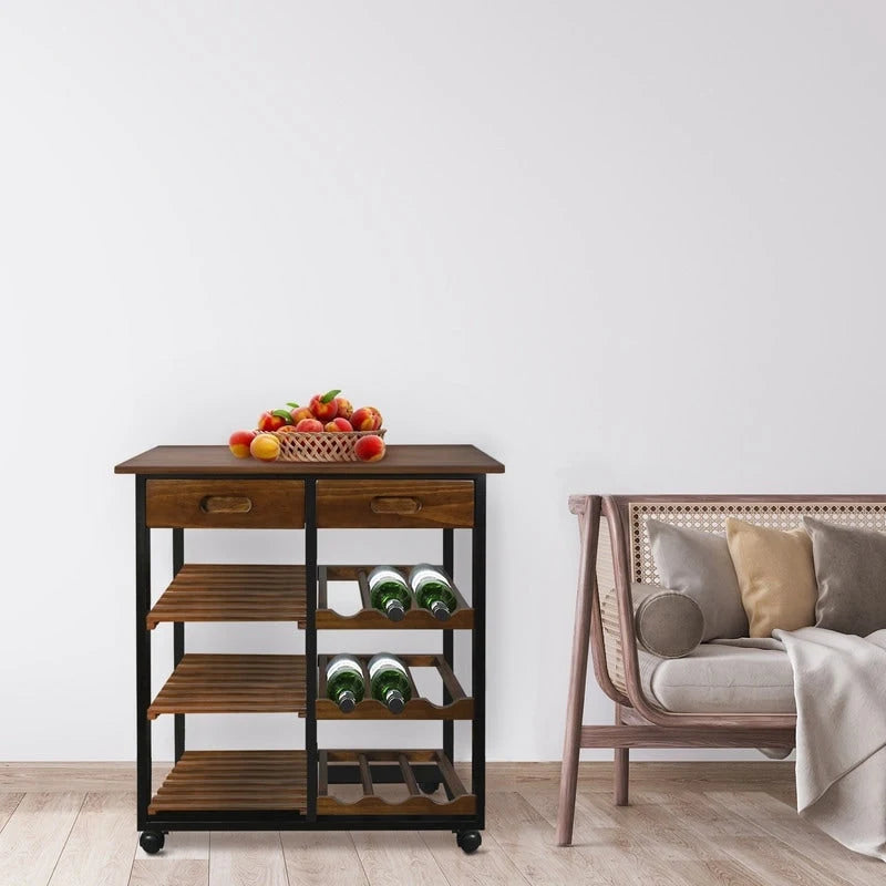 Carrello da Cucina/Servizio a 4 Ripiani in Legno Naturale con Portabottiglie e Cassetto – Montaggio 1 Persona
