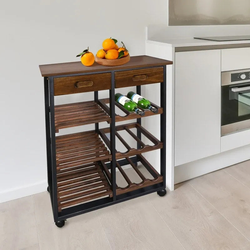 Carrello da Cucina/Servizio a 4 Ripiani in Legno Naturale con Portabottiglie e Cassetto – Montaggio 1 Persona