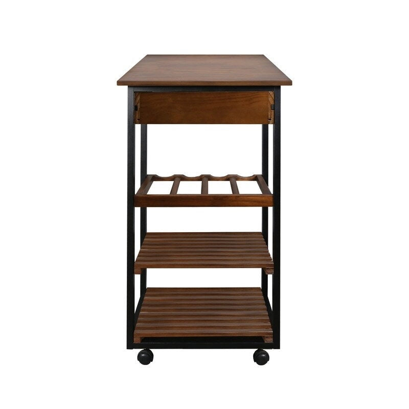 Carrello da Cucina/Servizio a 4 Ripiani in Legno Naturale con Portabottiglie e Cassetto – Montaggio 1 Persona