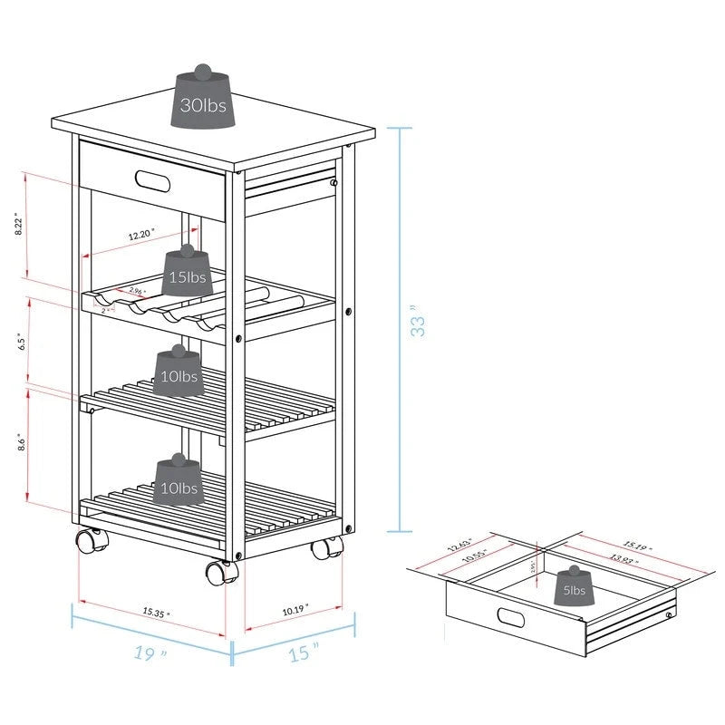 Carrello da Cucina/Servizio a 4 Ripiani in Legno Naturale con Portabottiglie e Cassetto – Montaggio 1 Persona